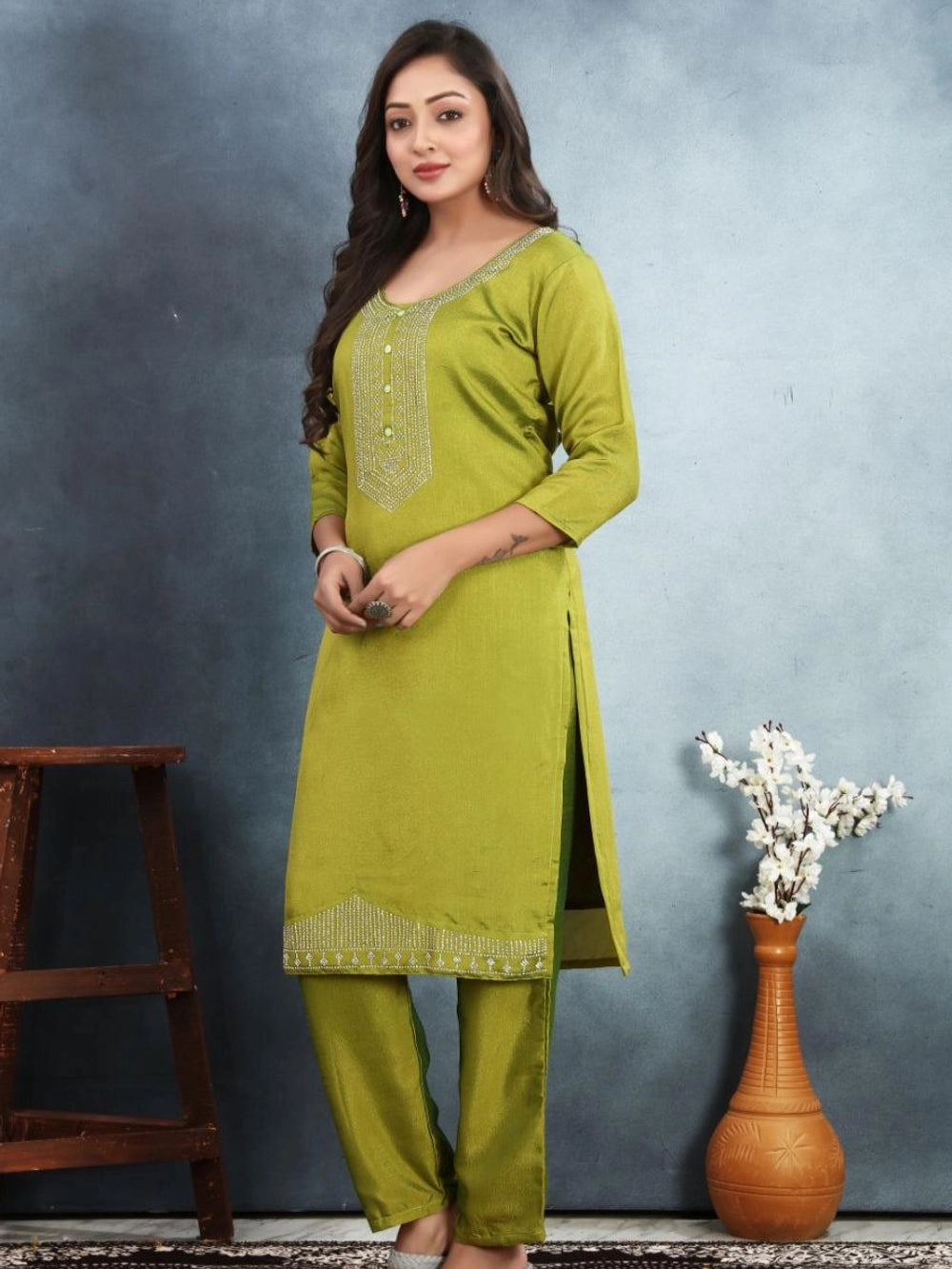 Lime Green Color Vichitra Silk Kurti For Women's - Rheycart