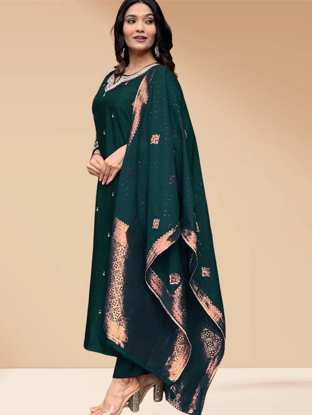 Dark Green PV Chanderi Silk Kurti Set For Women - Rheycart