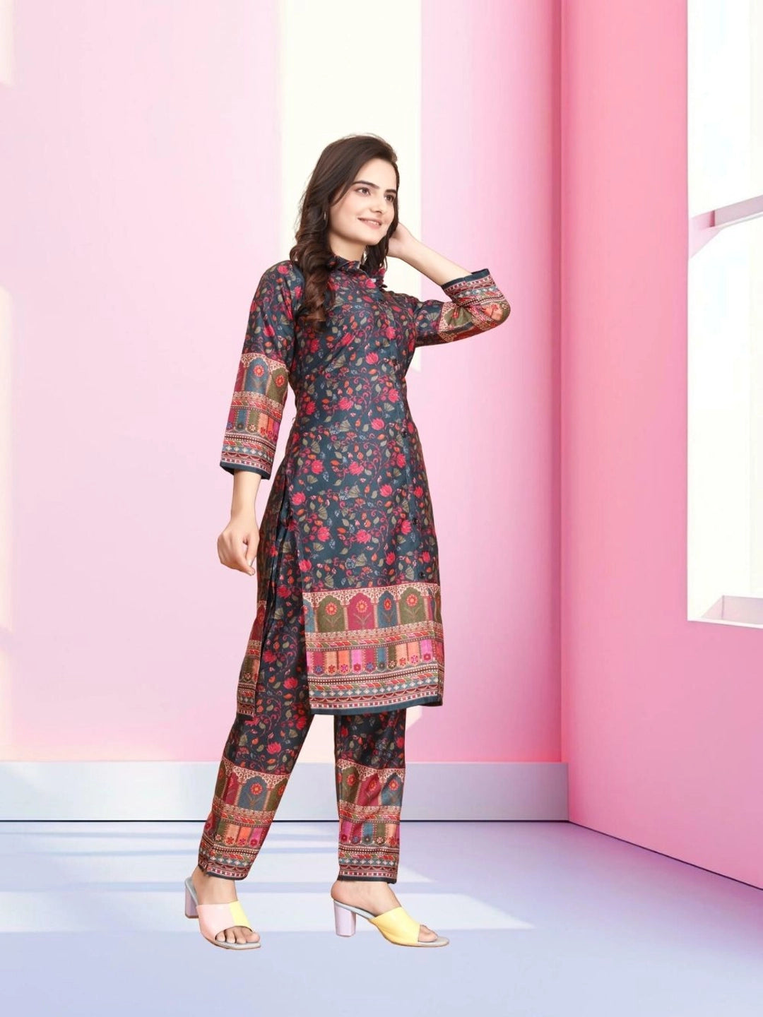 Rusty Red Floral Pattern Cotton Rayon Co-ord Set - Rheycart