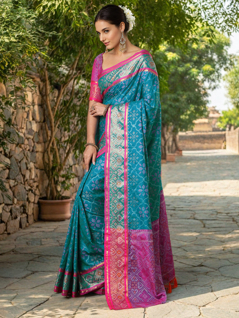 Teal Blue Patola Weaving Silk Saree For Women