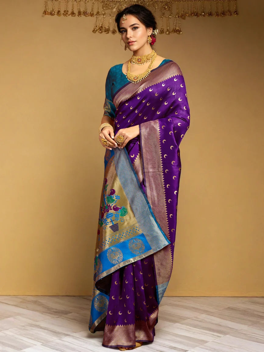 Woven Silk Blend Purple Paithani Saree - Rheycart