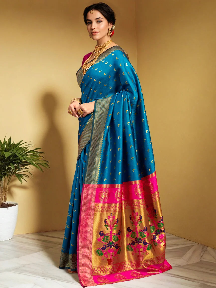 Peacock Blue Paithani Silk Saree With Zari Weaving - Rheycart