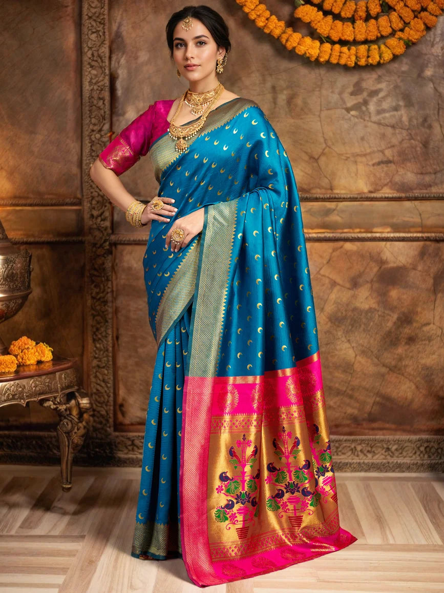 Peacock Blue Paithani Silk Saree With Zari Weaving - Rheycart