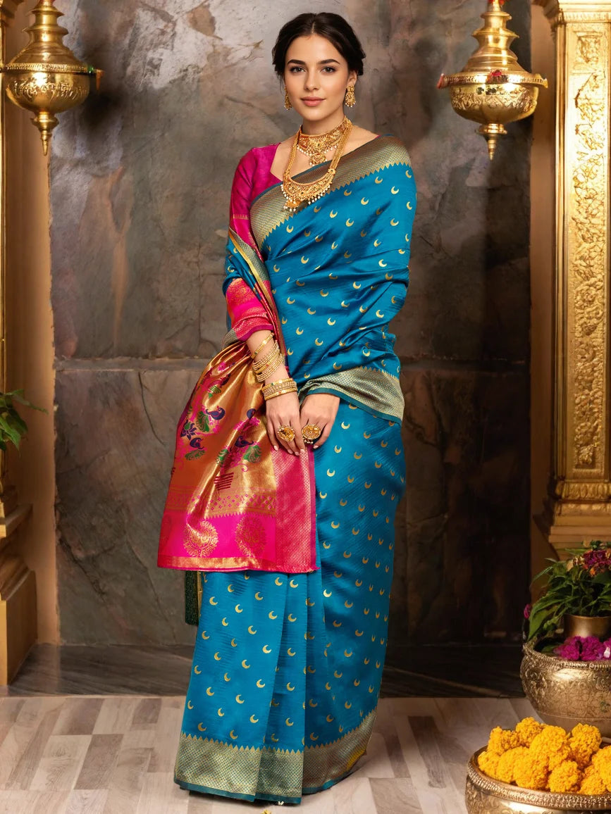 Peacock Blue Paithani Silk Saree With Zari Weaving - Rheycart