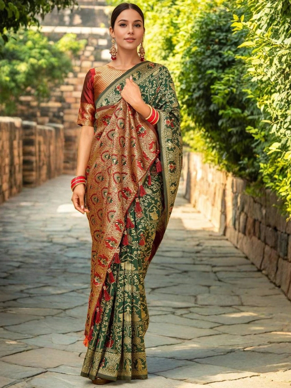 Woven Silk Dark Green Banarasi Saree - Rheycart