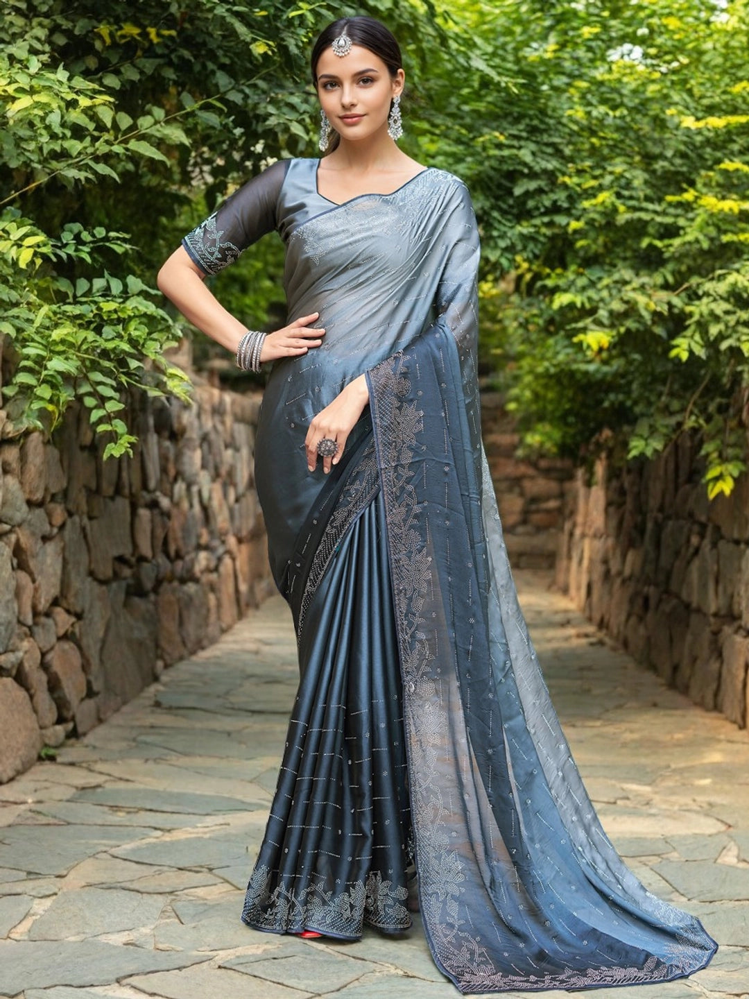 Grey Silk Saree With Stone Work For Women's - Rheycart