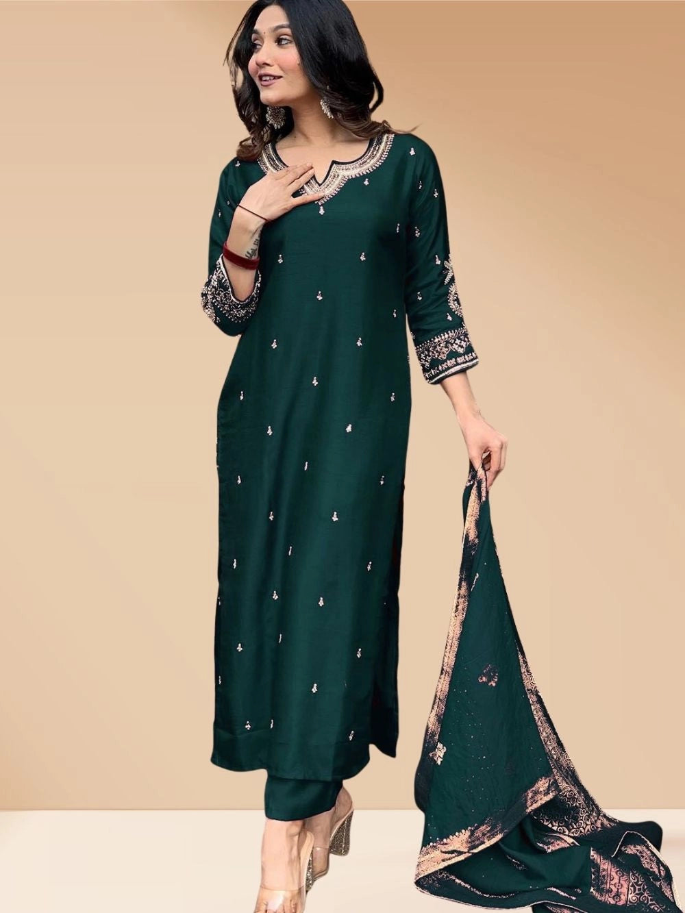 Dark Green PV Chanderi Silk Kurti Set For Women - Rheycart