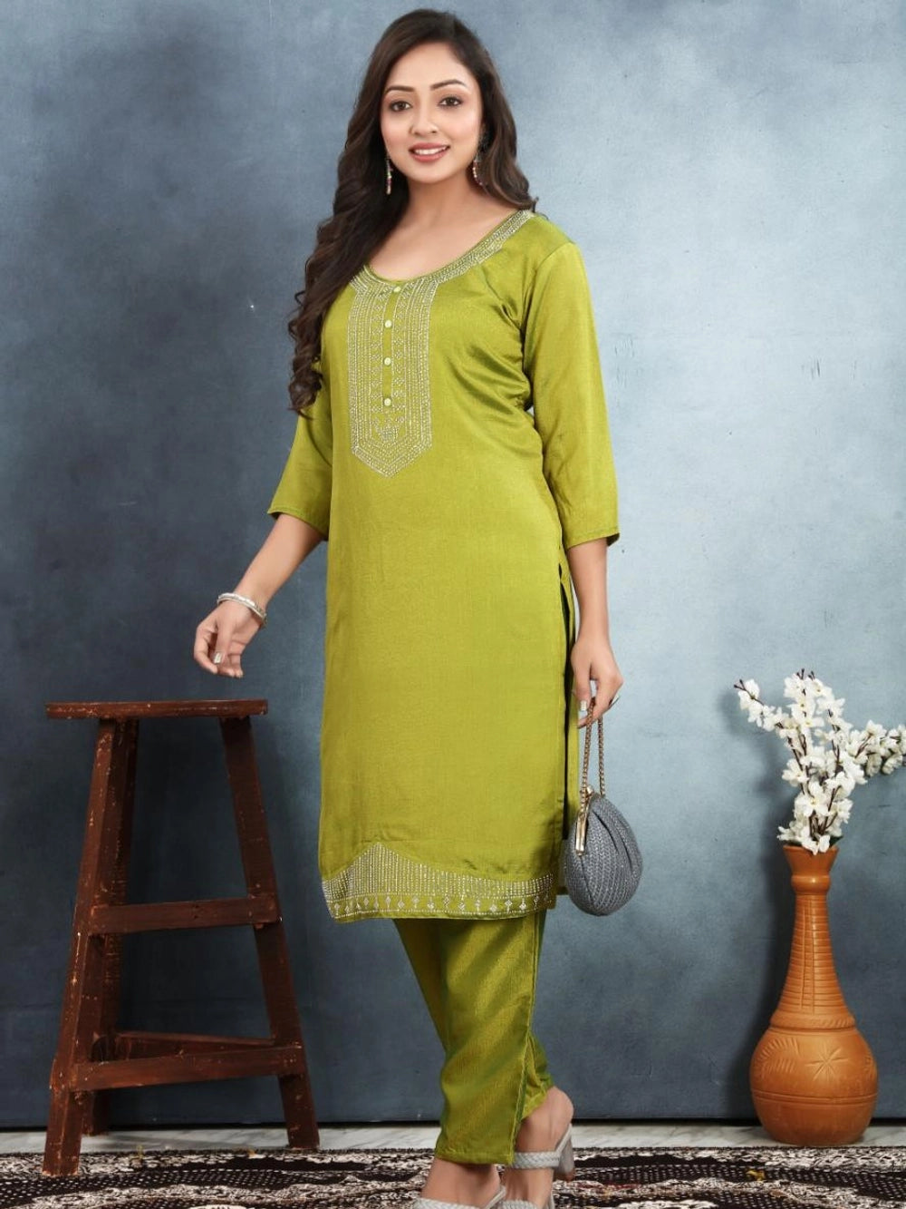 Lime Green Color Vichitra Silk Kurti For Women's - Rheycart