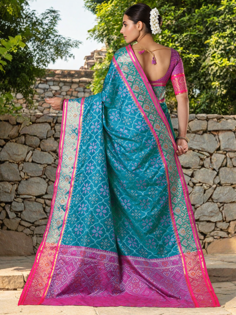 Teal Blue Patola Weaving Silk Saree For Women