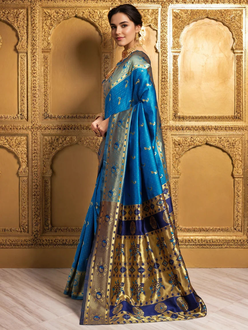 Blue Zari Weaving Silk Paithani Saree - Rheycart