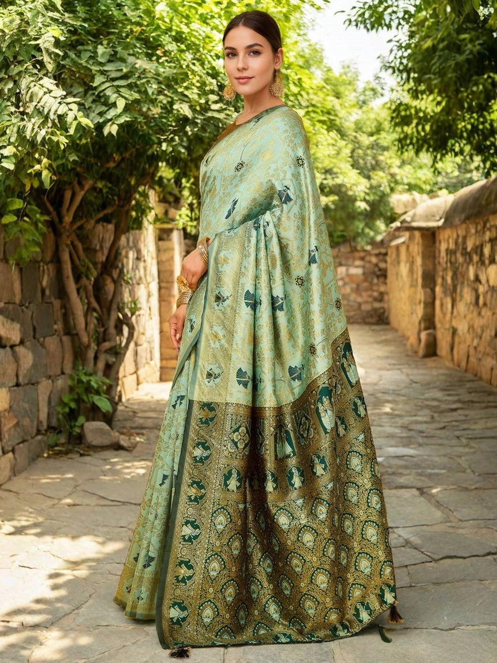Mint Green Banarasi Woven Silk Saree - Rheycart