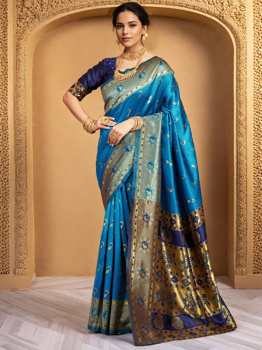 Blue Zari Weaving Silk Paithani Saree - Rheycart