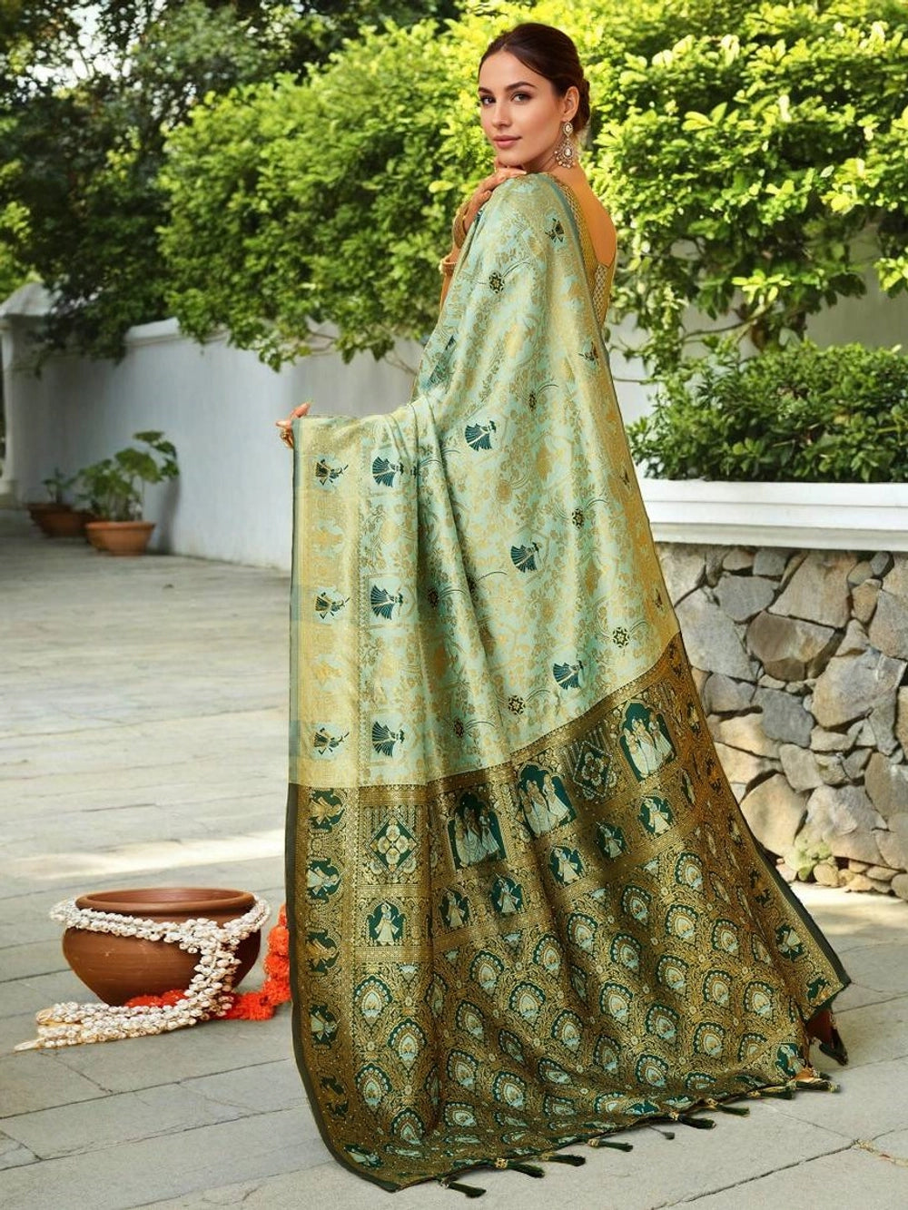 Mint Green Banarasi Woven Silk Saree - Rheycart