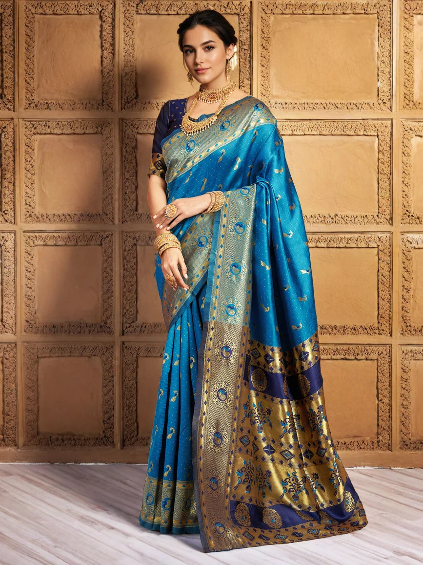 Blue Zari Weaving Silk Paithani Saree - Rheycart