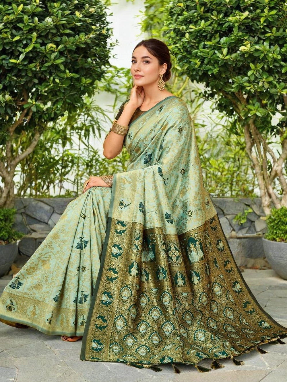 Mint Green Banarasi Woven Silk Saree - Rheycart