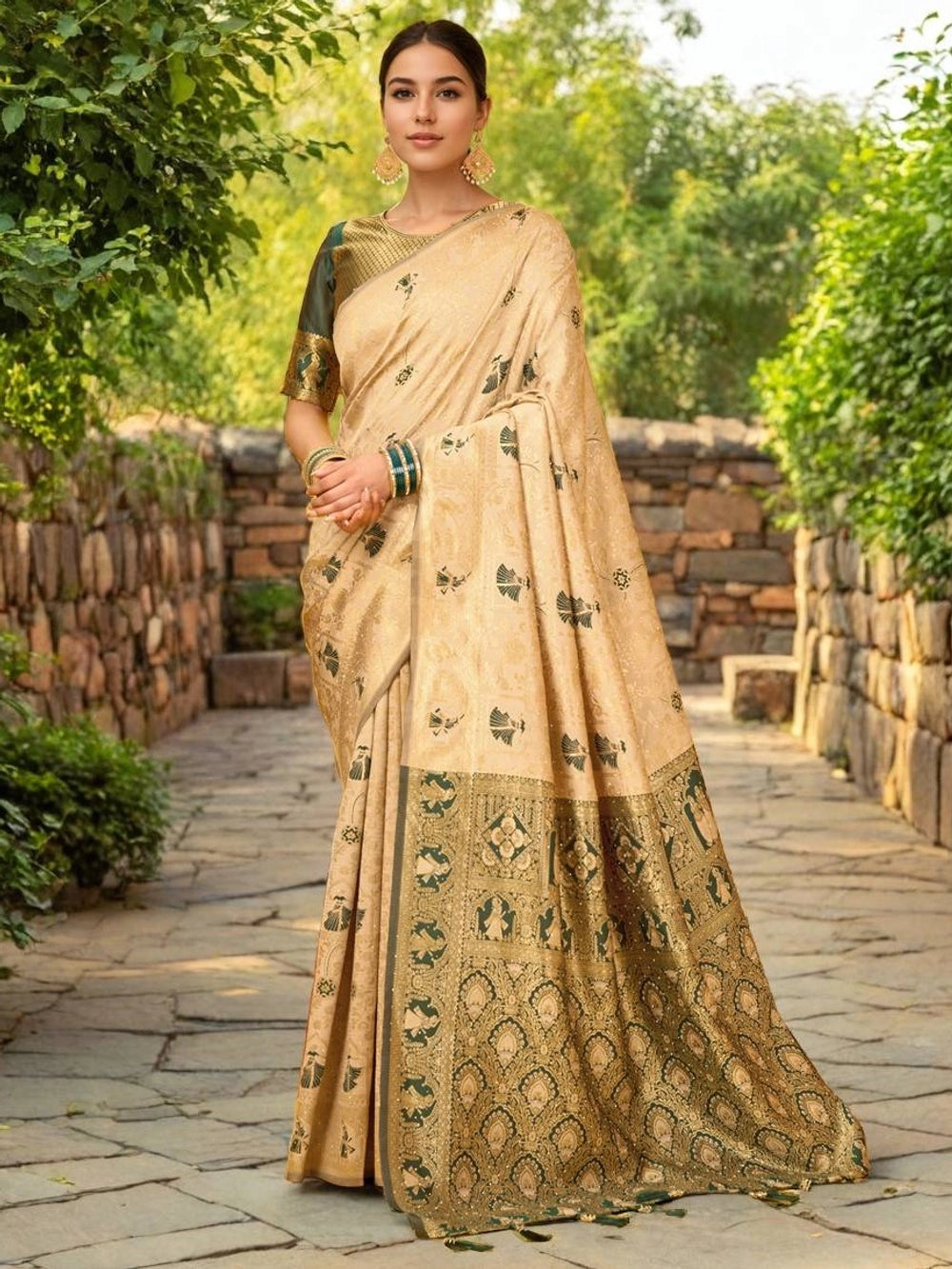 Cream Banarasi Dark Green Silk Saree - Rheycart