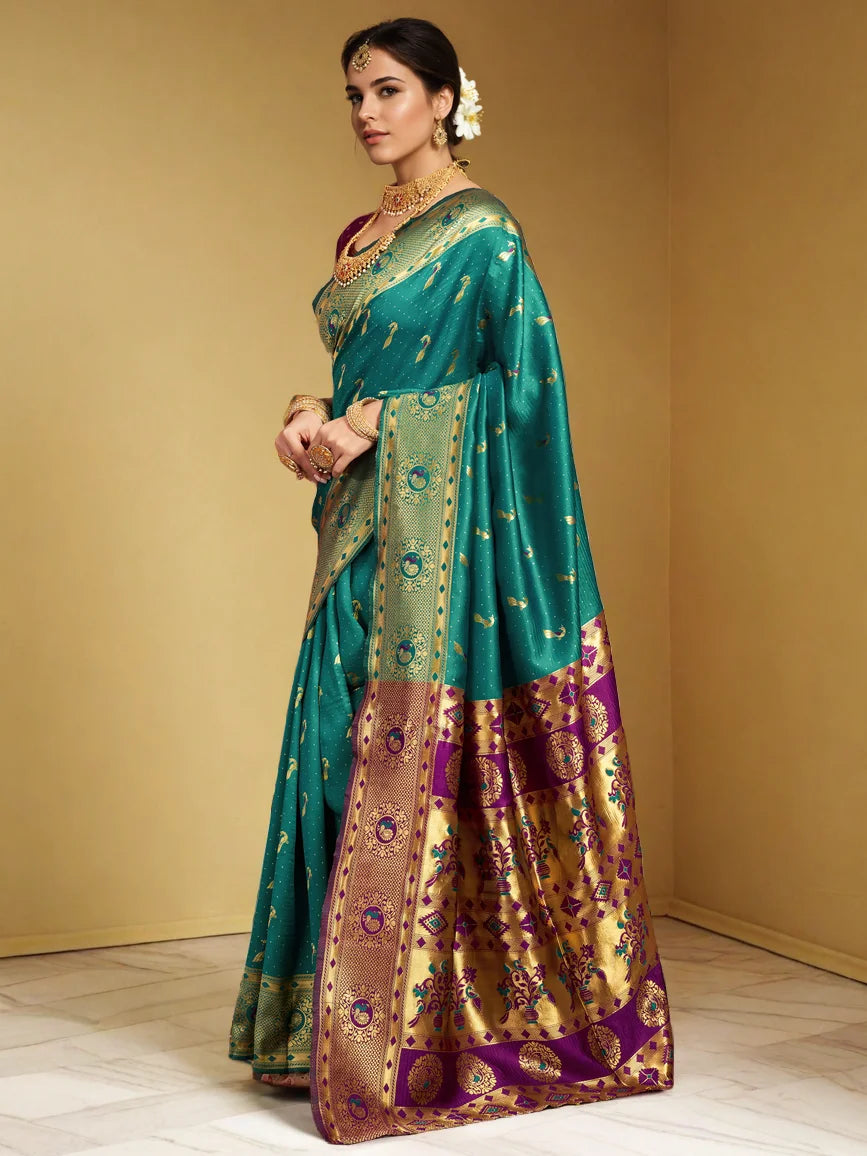 Teal Green Zari Weaving Paithani Silk Saree - Rheycart