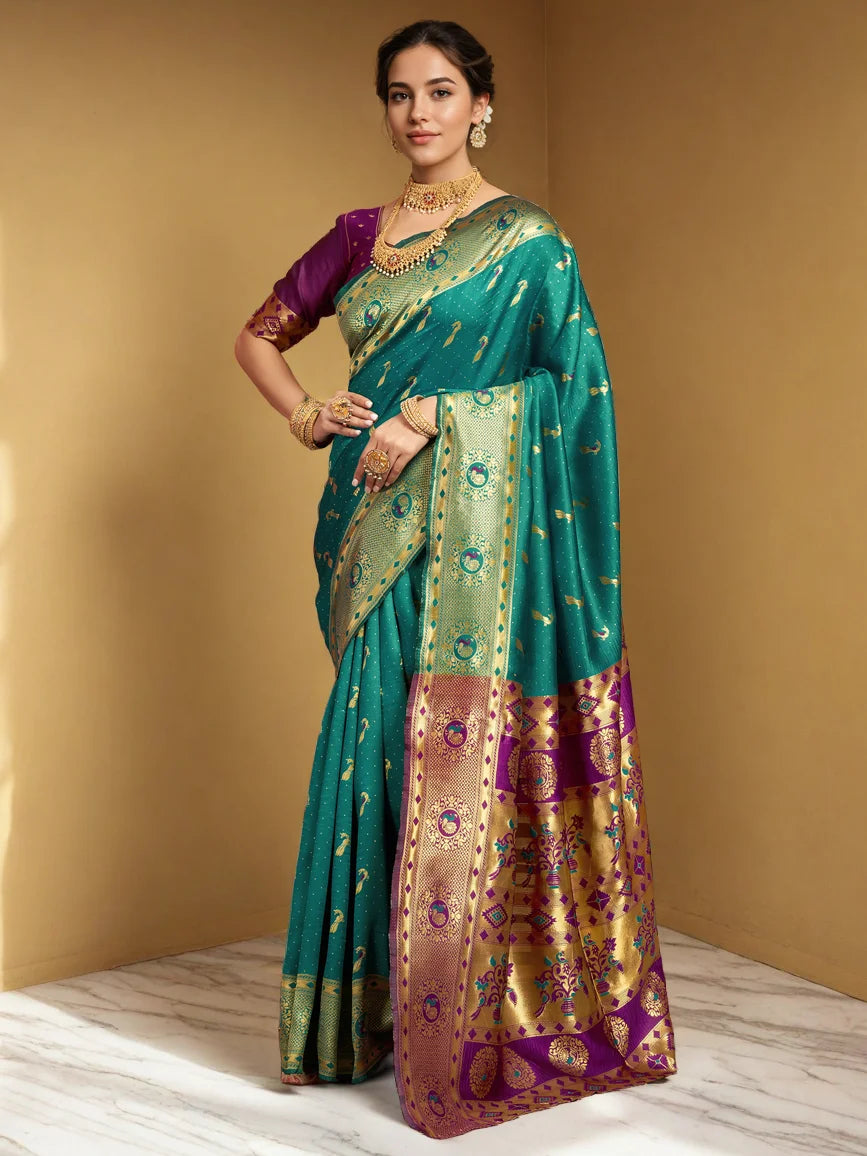 Teal Green Zari Weaving Paithani Silk Saree - Rheycart