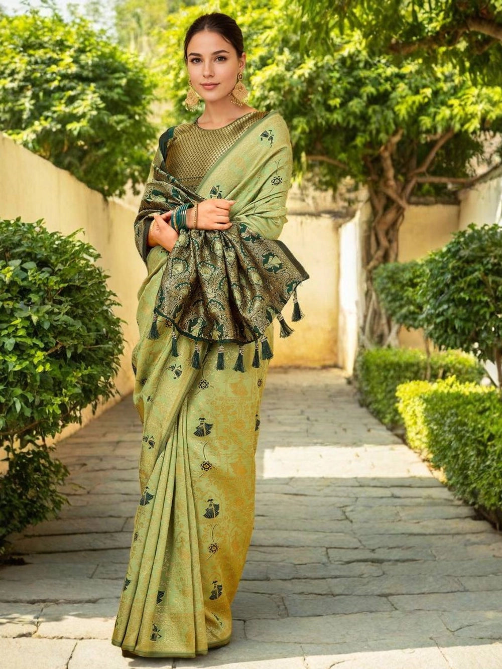 Light Green Woven Banarasi Silk Saree - Rheycart