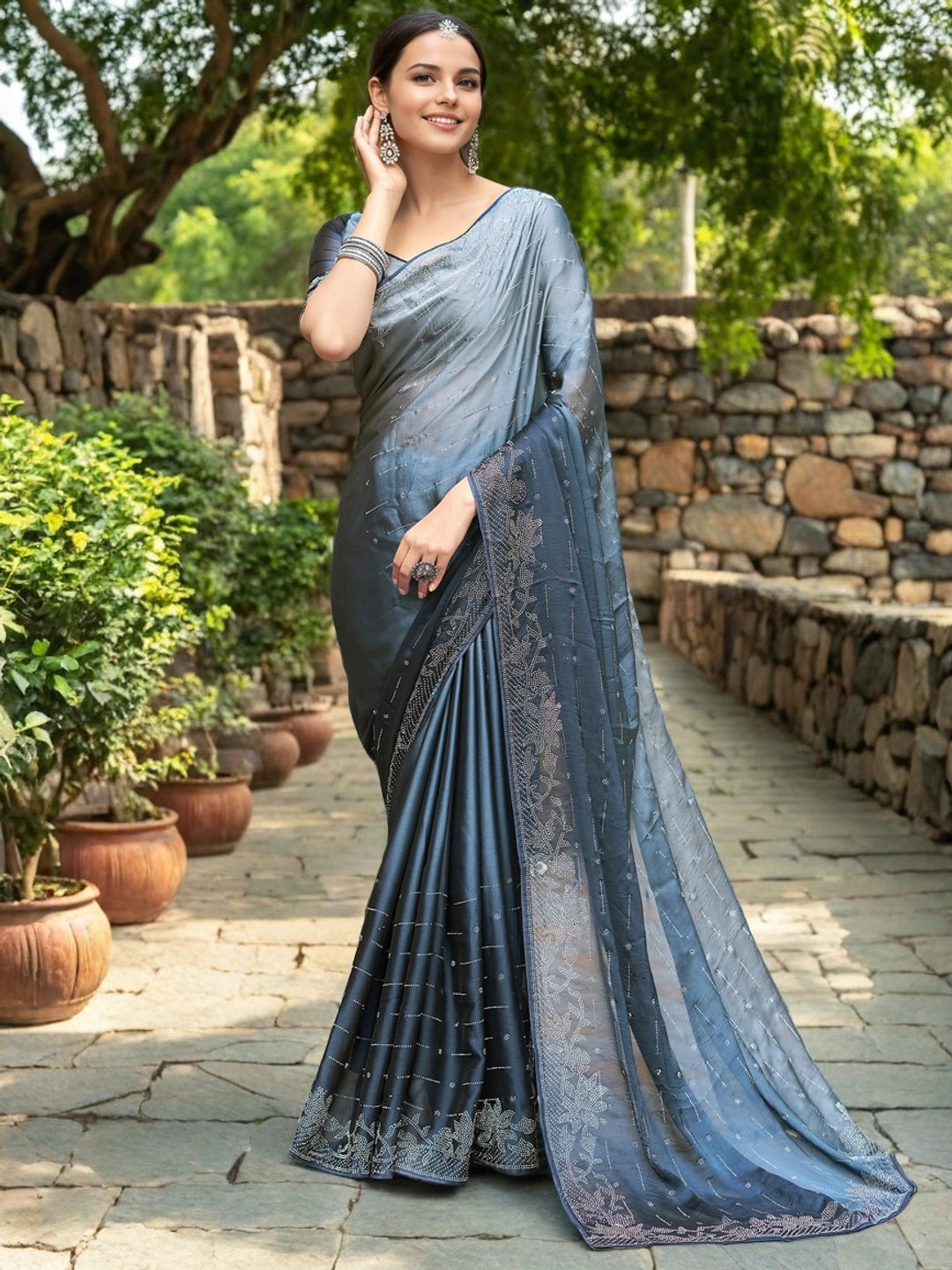 Grey Silk Saree With Stone Work For Women's - Rheycart