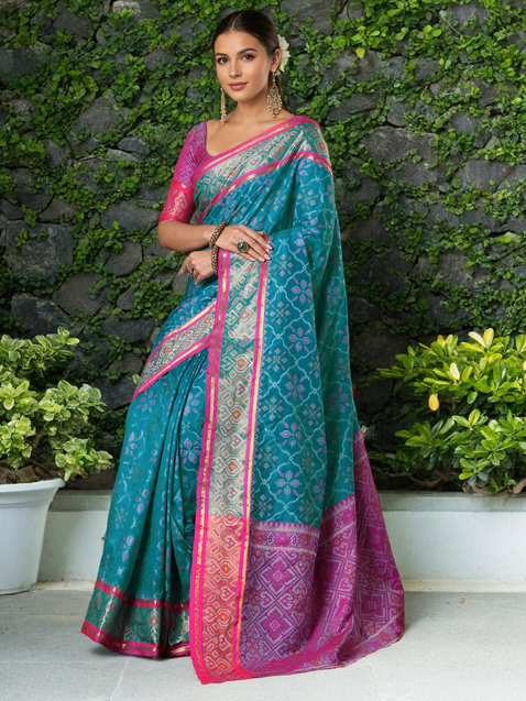 Teal Blue Patola Weaving Silk Saree For Women