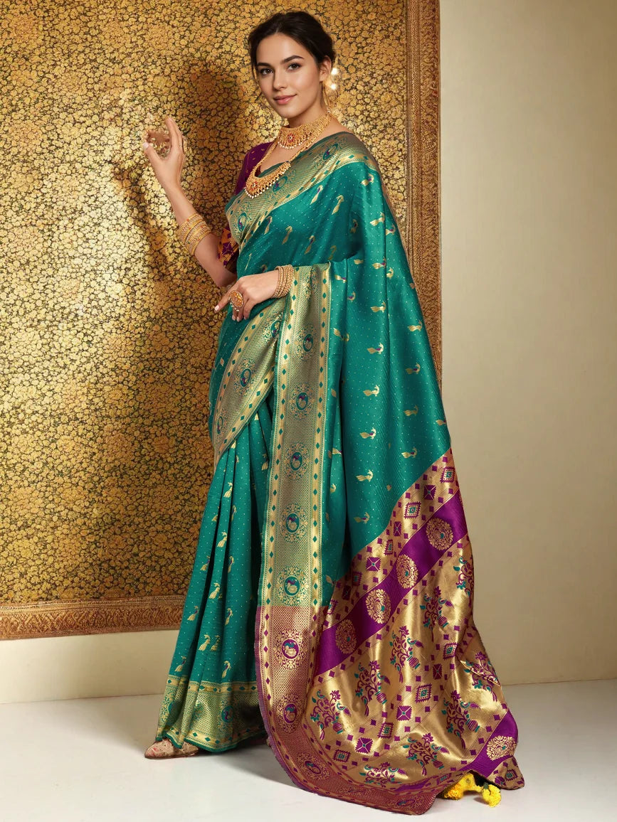 Teal Green Zari Weaving Paithani Silk Saree - Rheycart