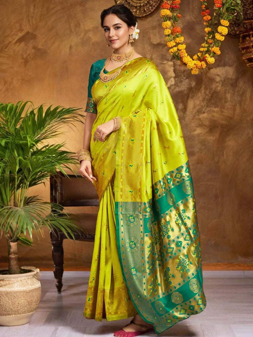 Lime Green Zari Weaving Paithani Silk Saree - Rheycart
