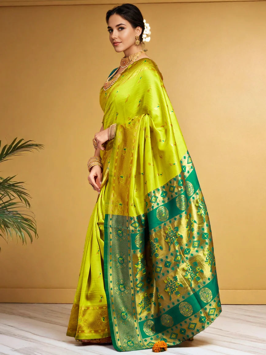 Lime Green Zari Weaving Paithani Silk Saree - Rheycart
