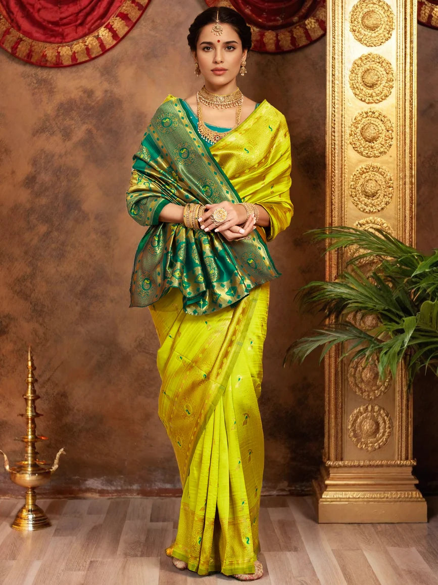 Lime Green Zari Weaving Paithani Silk Saree - Rheycart