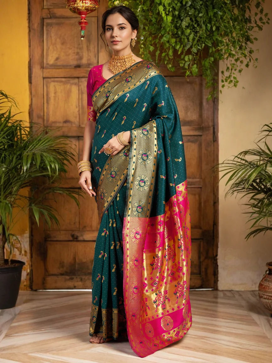 Teal Blue Silk Blend Paithani Saree - Rheycart