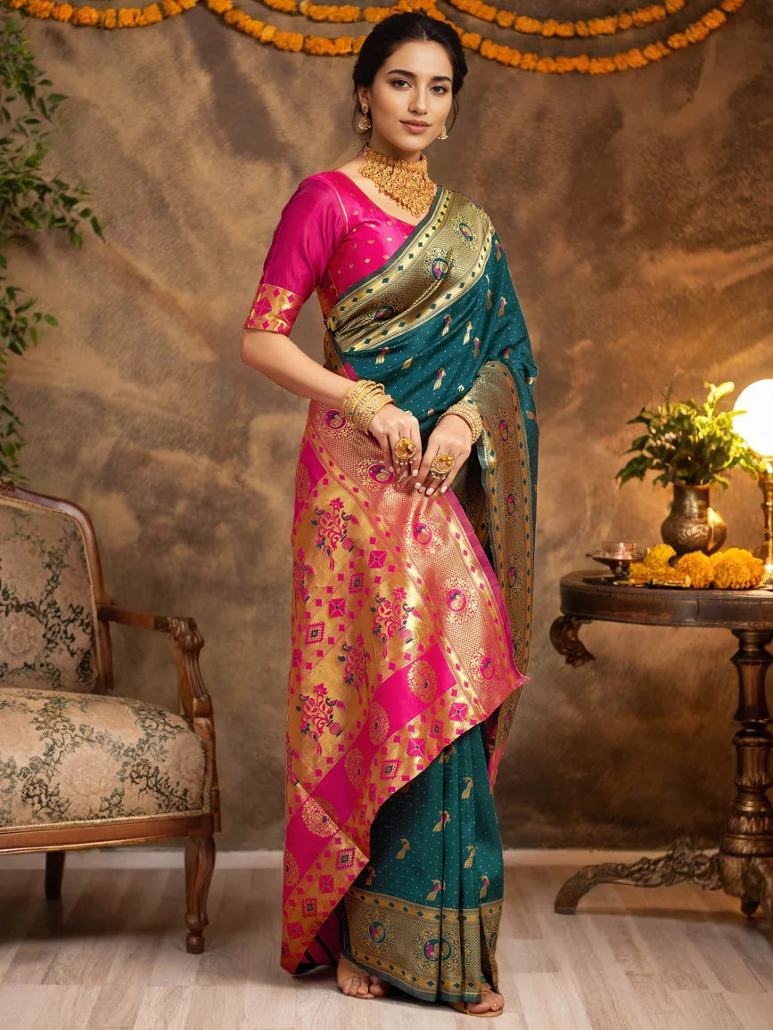 Teal Blue Silk Blend Paithani Saree - Rheycart