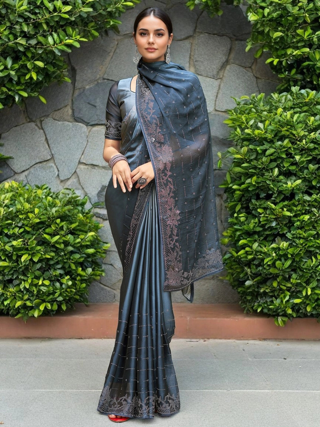 Grey Silk Saree With Stone Work For Women's - Rheycart