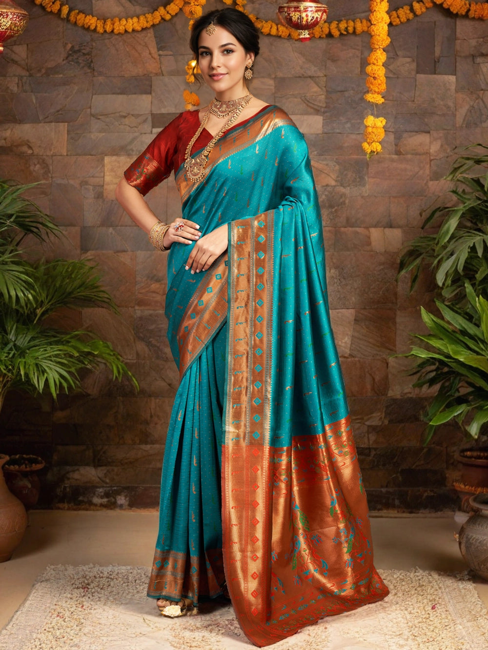 Turquoise Blue Paithani Saree With Peacock Motif Pallu - Rheycart