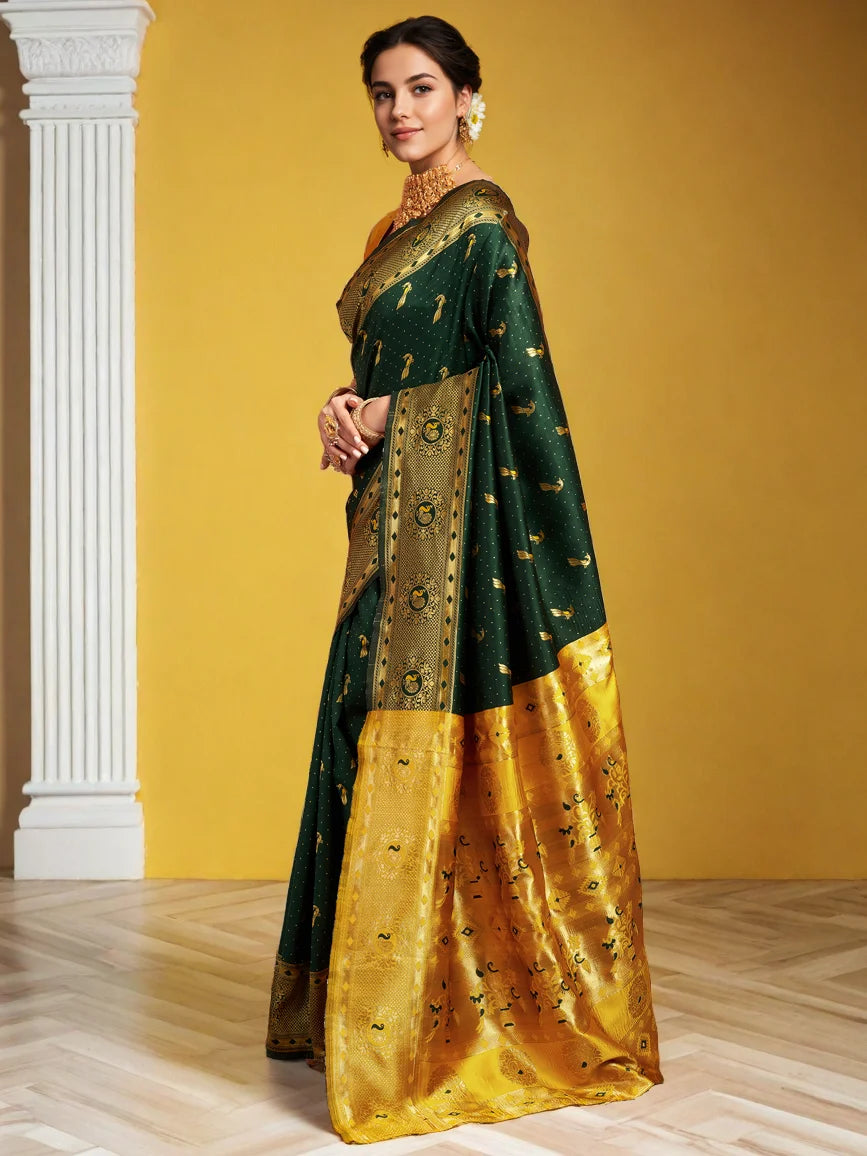 Silk Blend Dark Green Paithani Saree - Rheycart