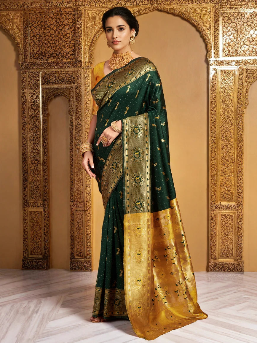 Silk Blend Dark Green Paithani Saree - Rheycart