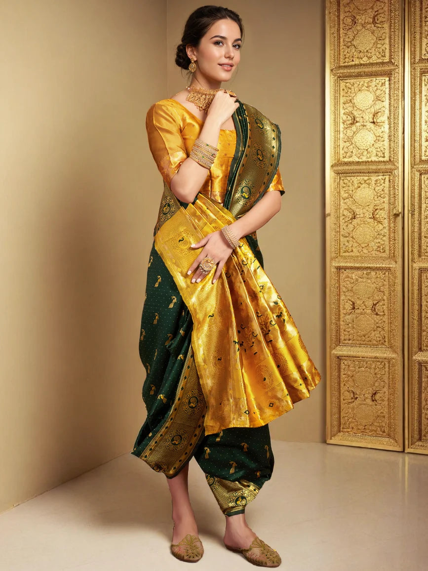 Silk Blend Dark Green Paithani Saree - Rheycart