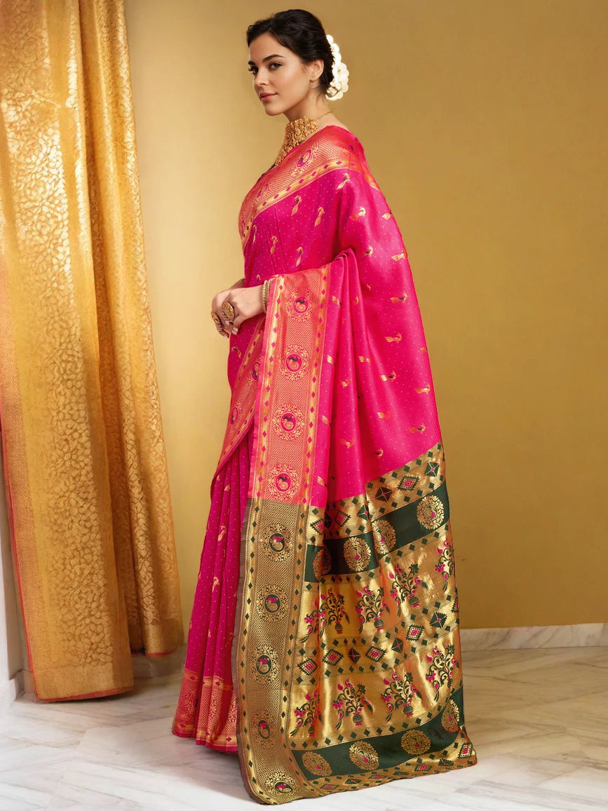 Rani Pink Paithani Silk Saree With Zari Weaving Work - Rheycart