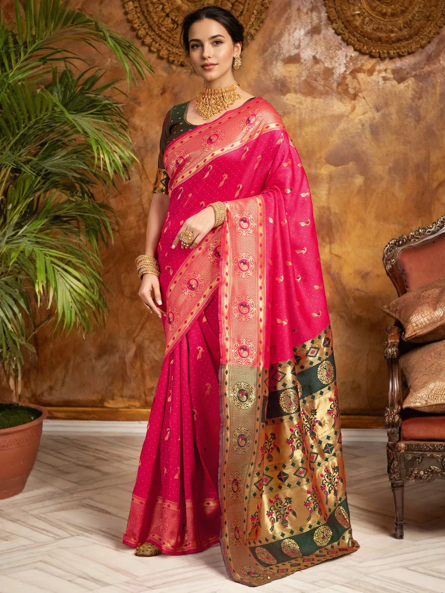 Rani Pink Paithani Silk Saree With Zari Weaving Work - Rheycart