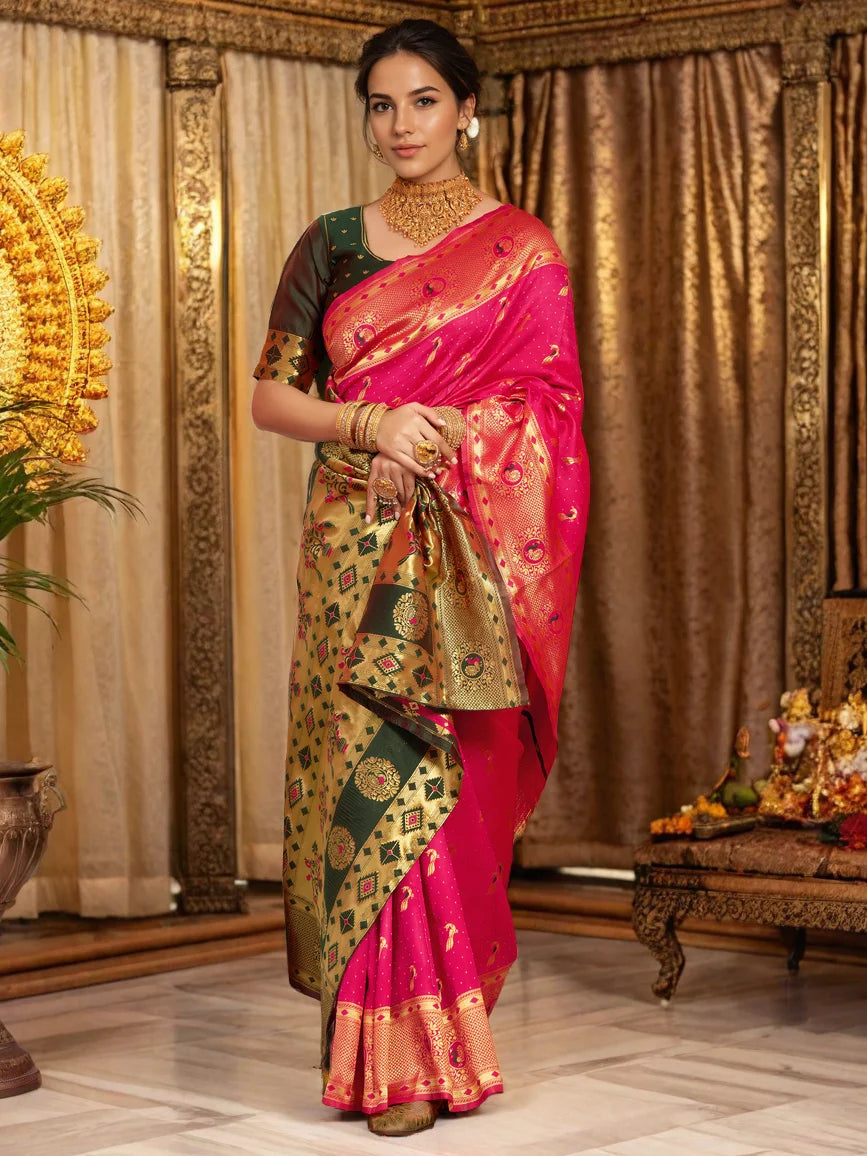 Rani Pink Paithani Silk Saree With Zari Weaving Work - Rheycart
