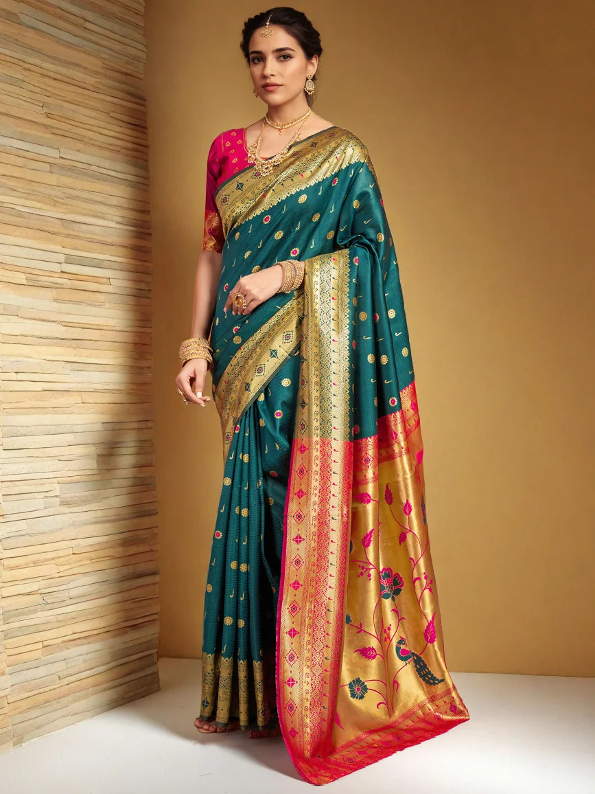 Teal Green Silk Saree with Floral Embroidery and Zari - Rheycart