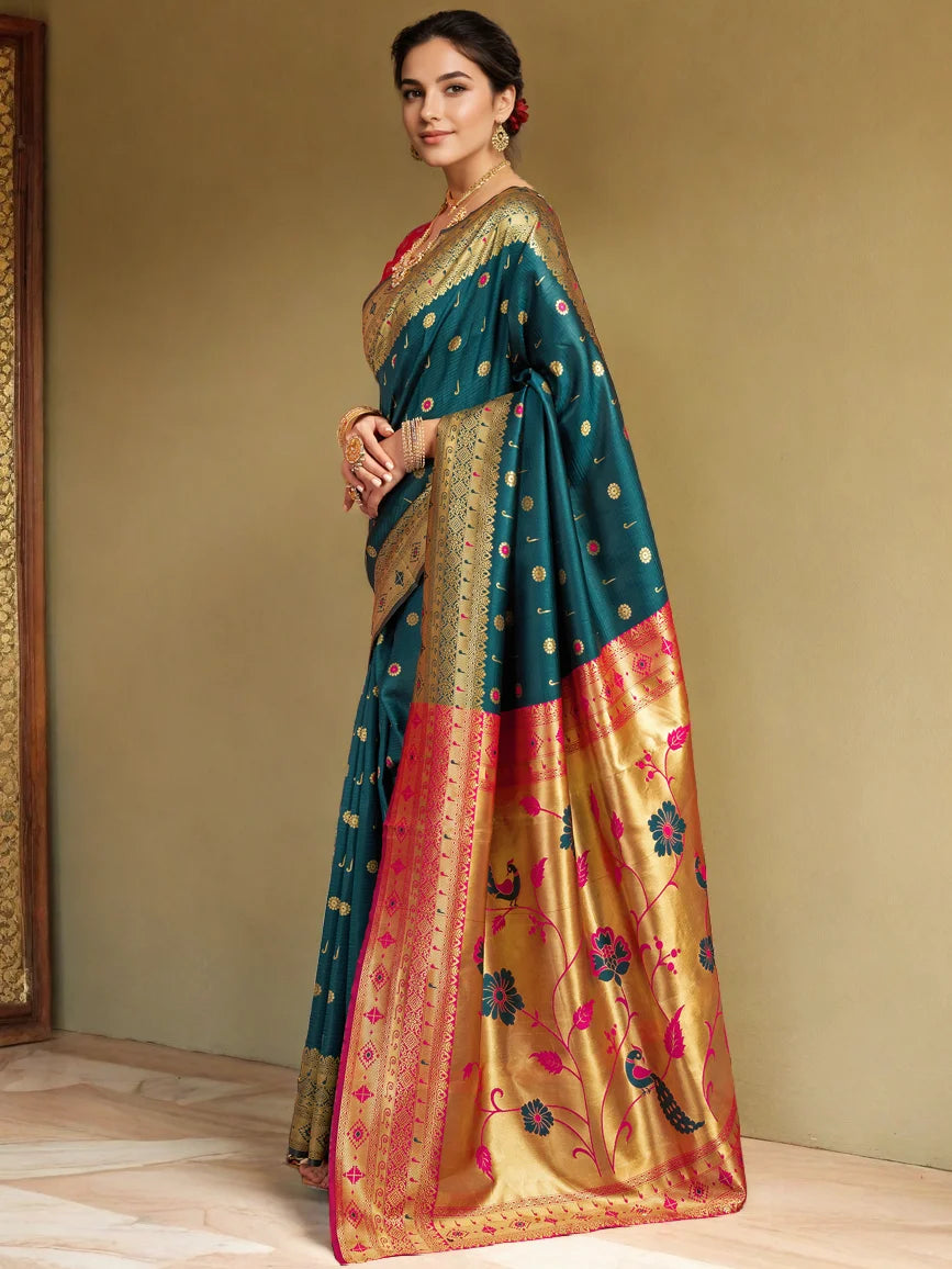 Teal Green Silk Saree with Floral Embroidery and Zari - Rheycart