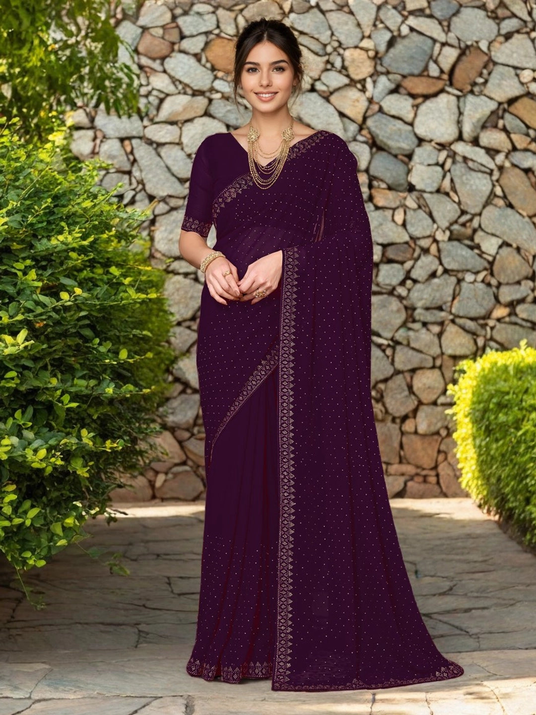 Wine Georgette Stone Work Women Saree - Rheycart