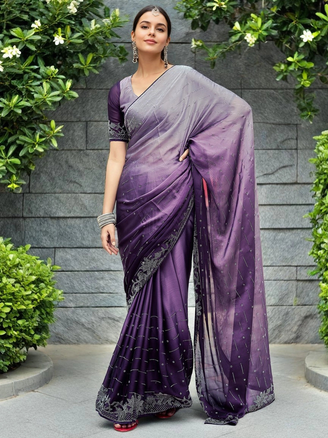 Purple Embellished Silk Saree With Unstitched Blouse - Rheycart