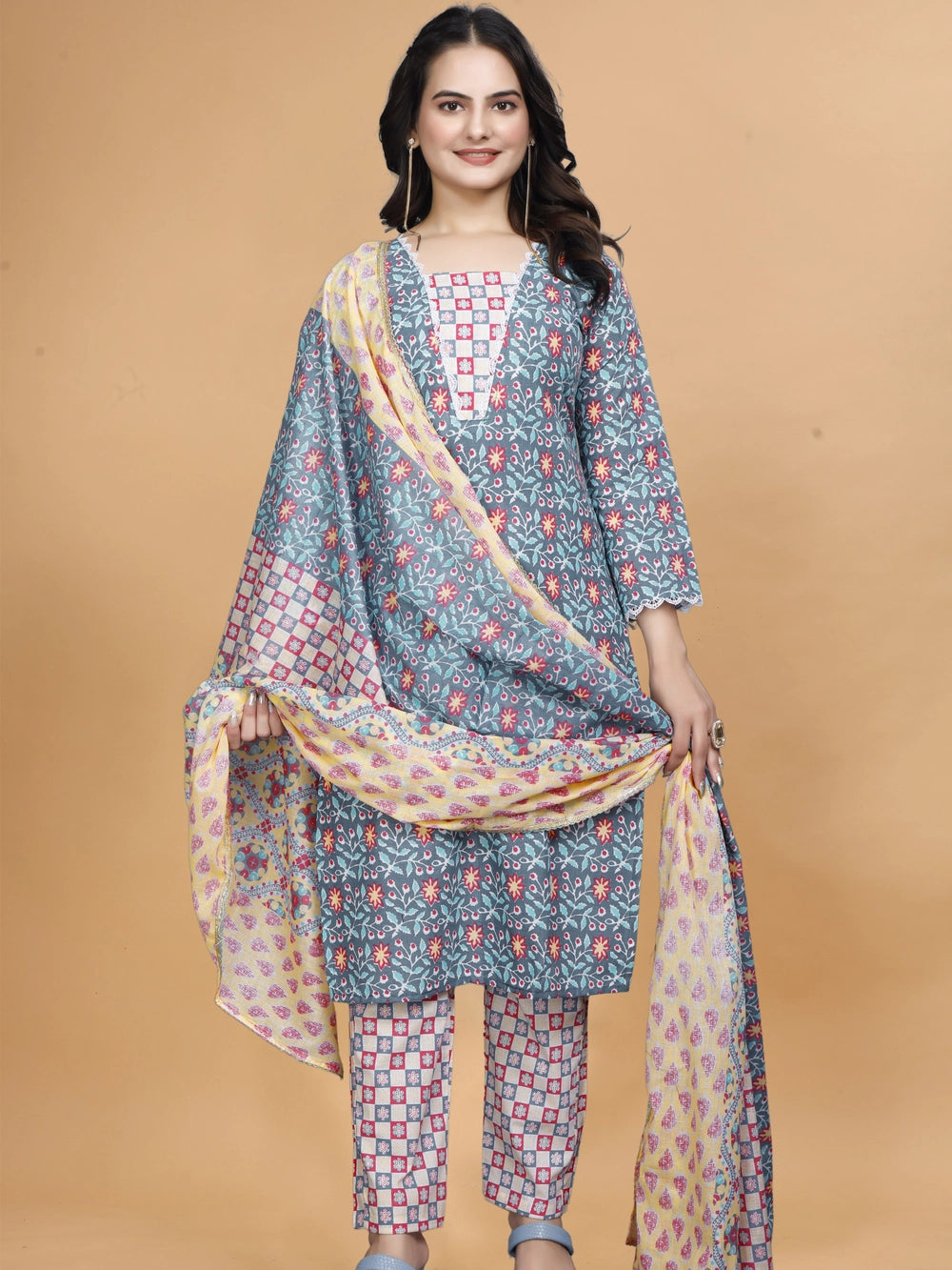 Floral Printed Gray Cotton Kurti Set With Dupatta - Rheycart