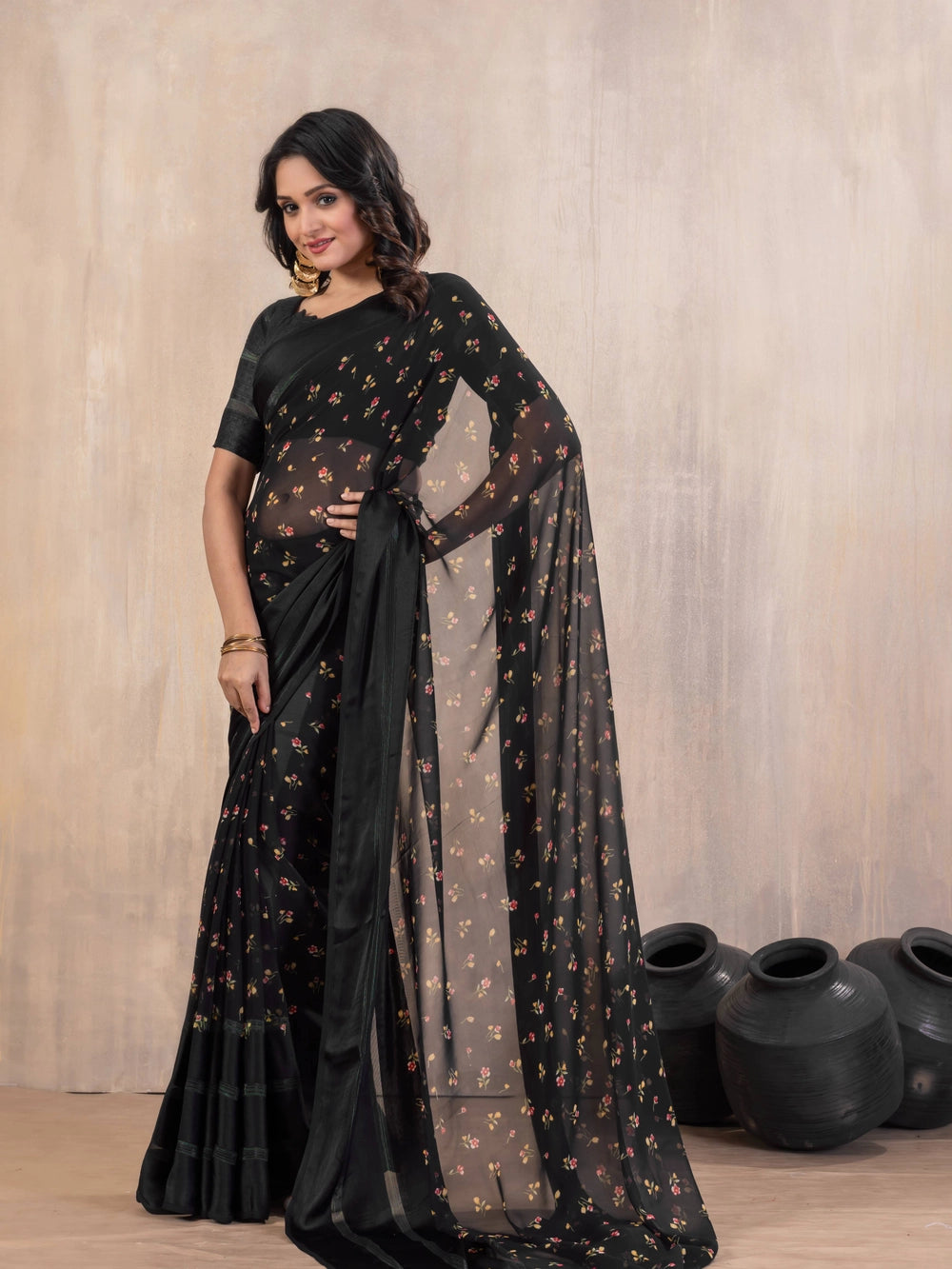 Floral Printed Black Georgatte Bollywood Saree