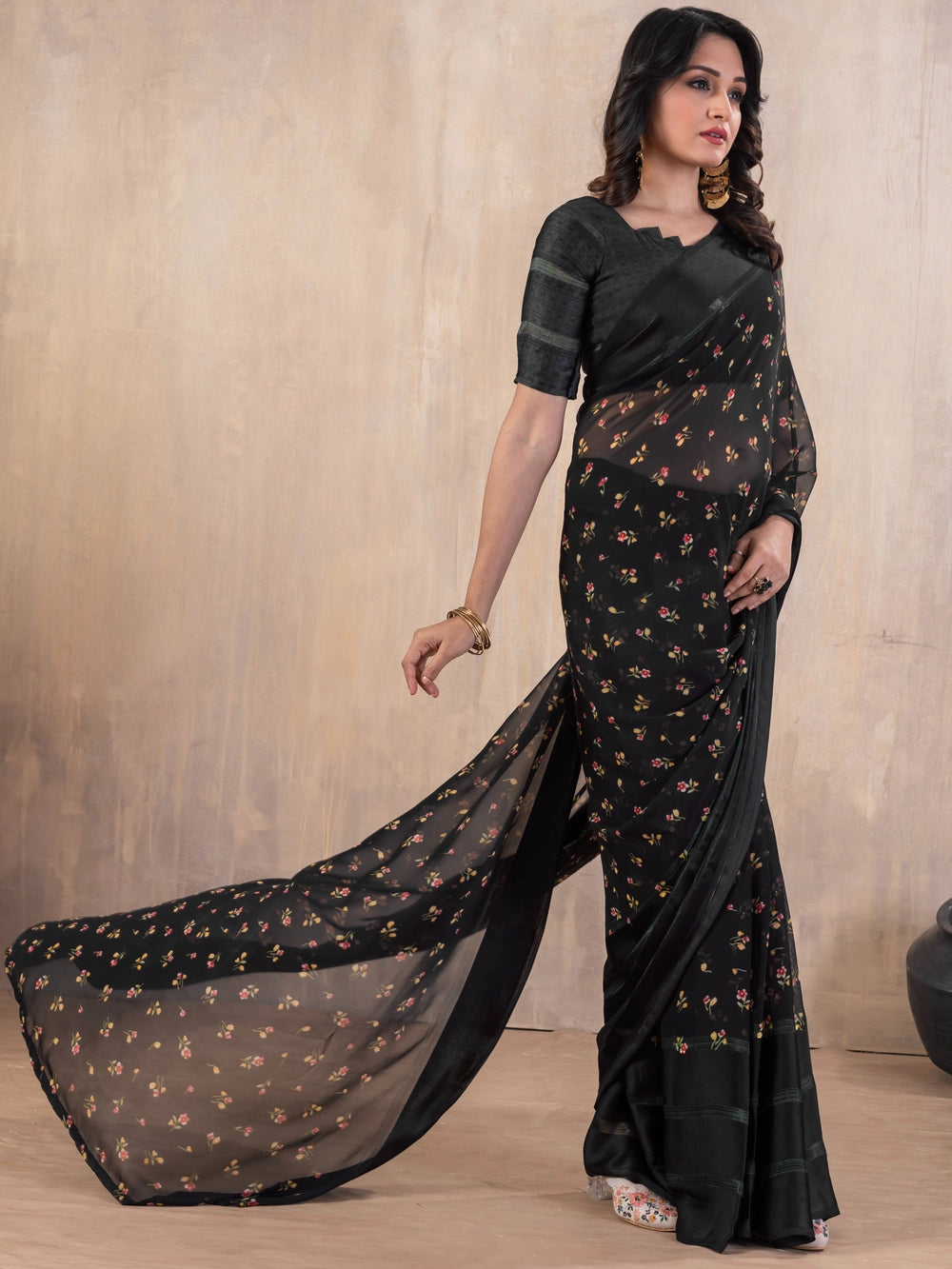 Floral Printed Black Georgatte Bollywood Saree