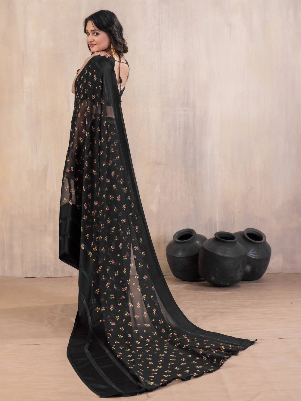 Floral Printed Black Georgatte Bollywood Saree