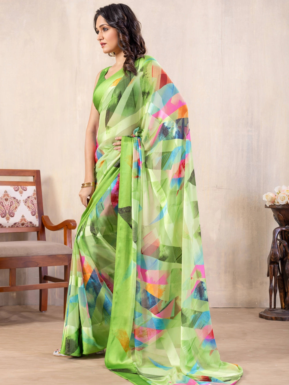 Geometric Printed Parrot Green Georgette Bollywood Saree