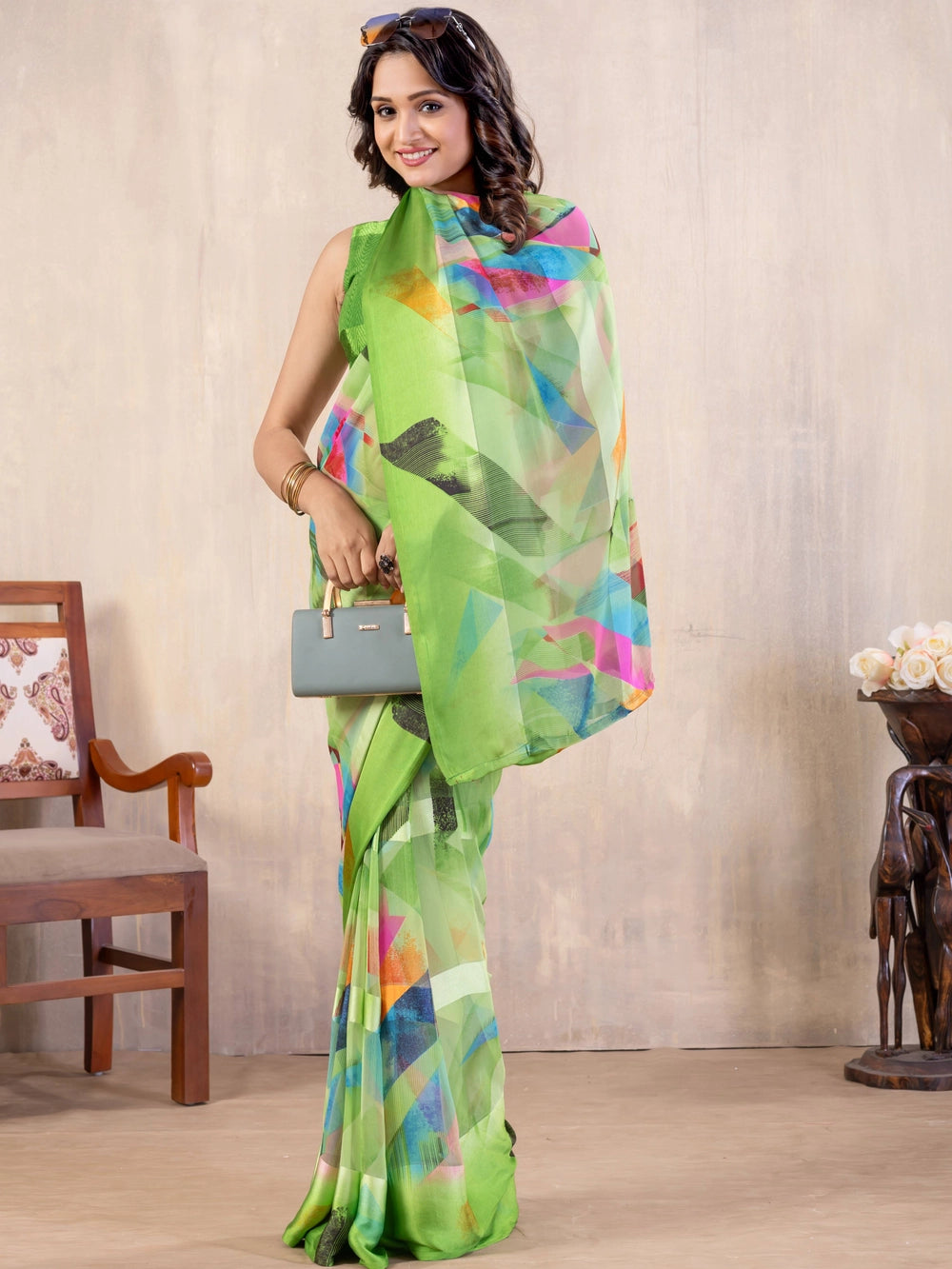 Geometric Printed Parrot Green Georgette Bollywood Saree