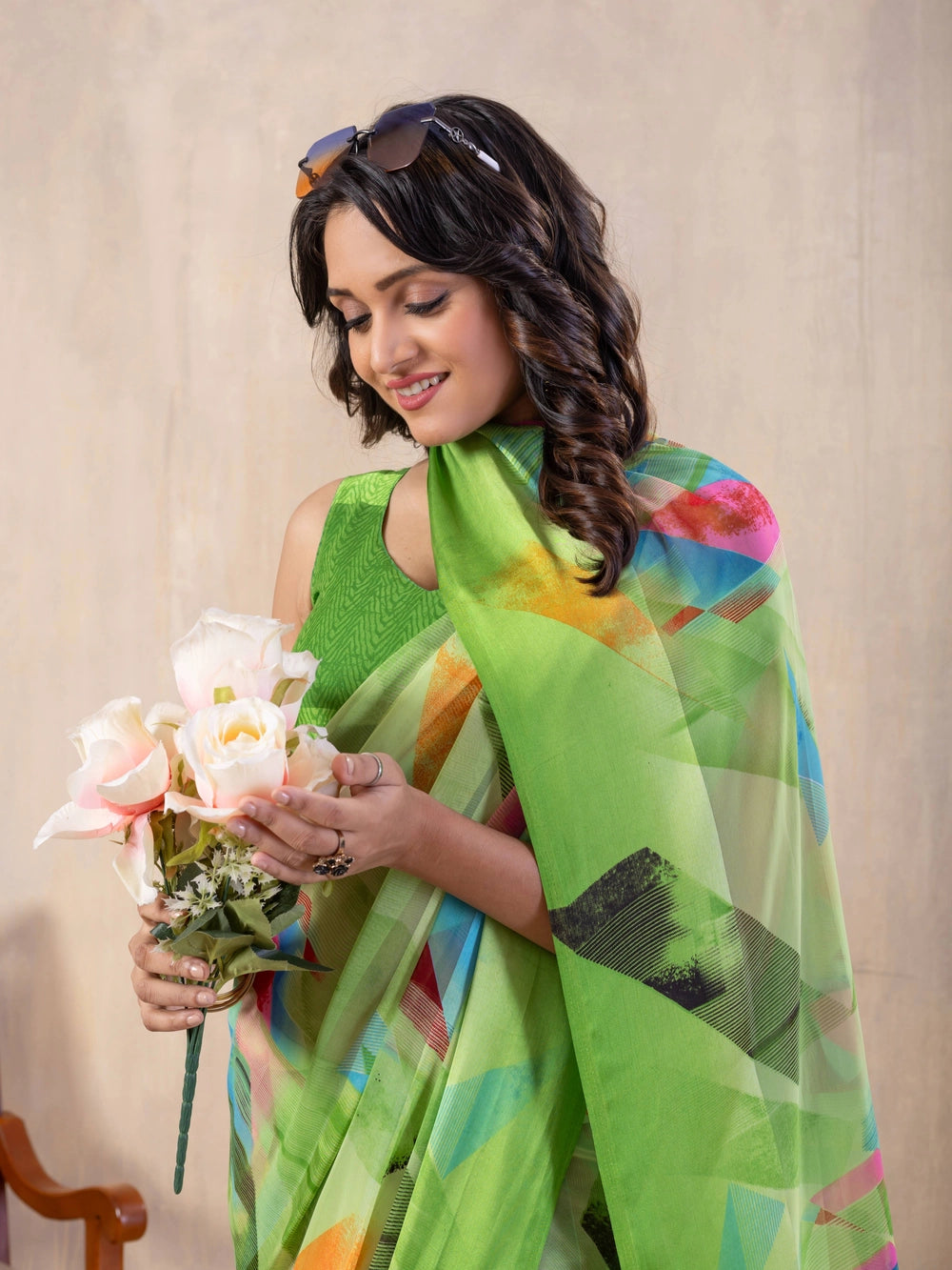 Geometric Printed Parrot Green Georgette Bollywood Saree